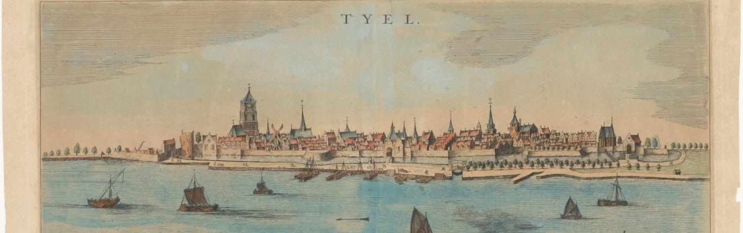 Een kleurrijke schets van een stadsgezicht op Tiel met de Waal met boten op de voorgrond