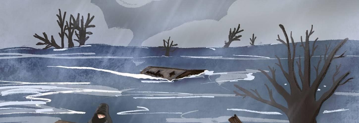 Ondergelopen landschap met regen, wrakhout en een persoon op het dak van zijn huis, weggedoken in een deken