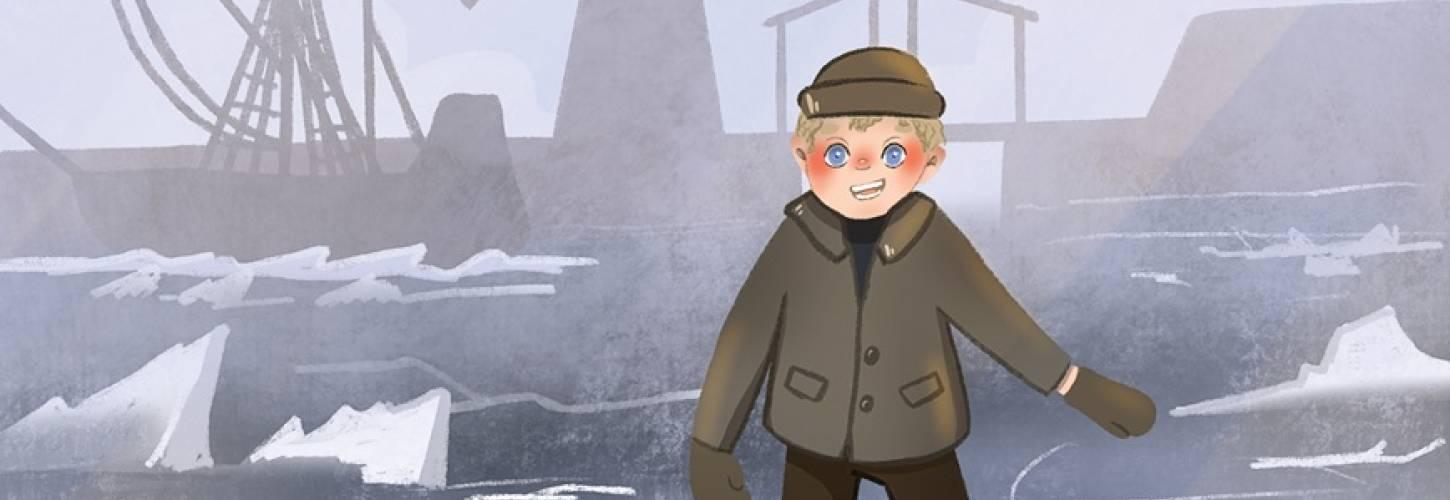 Jongen op ondergebonden schaatsen op een bevroren water met op de achtergrond een molen, een brug en een boot