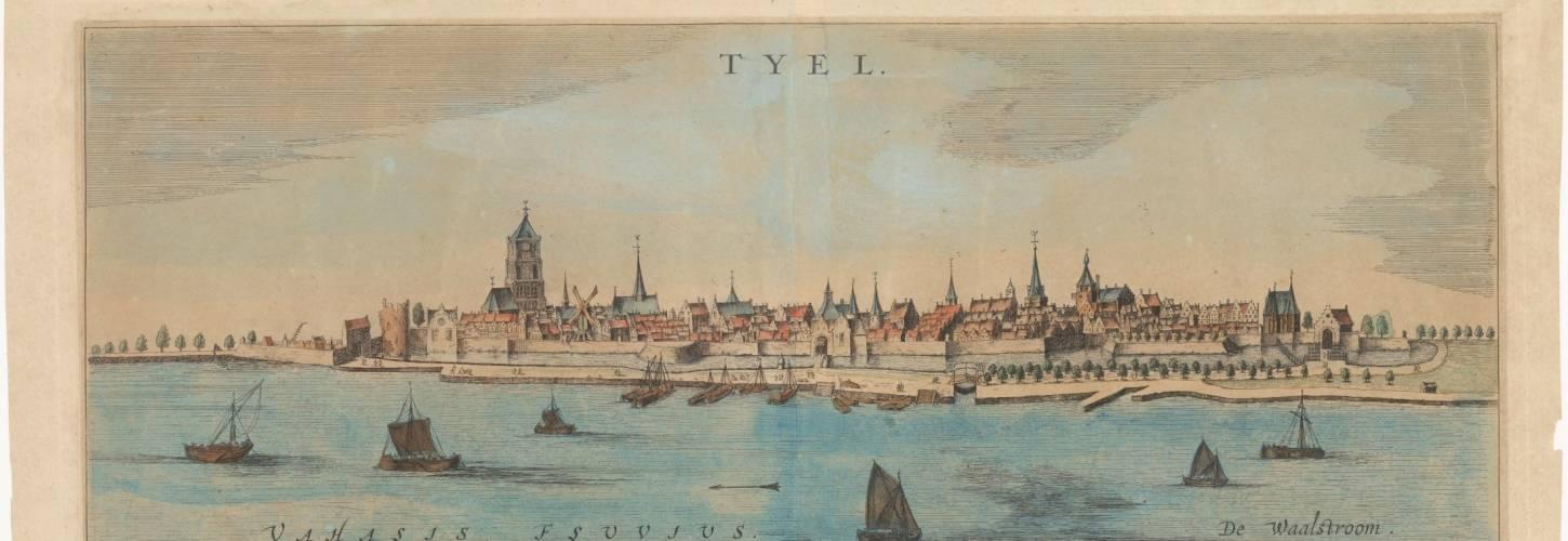 Een kleurrijke schets van een stadsgezicht op Tiel met de Waal met boten op de voorgrond