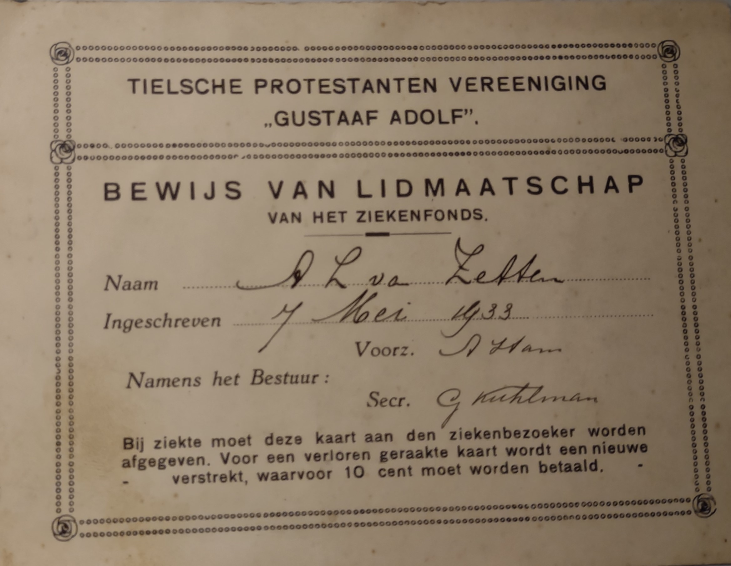 bewijs van lidmaatschap gustaaf adolf tiel
