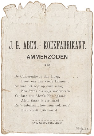 achterkant aben reclameplaatje van koekfabriek De Bijenkorf in Ammerzoden