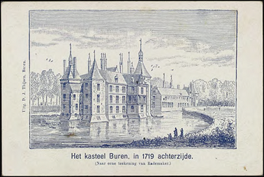 tekening van de achterkant van kasteel buren in 1719