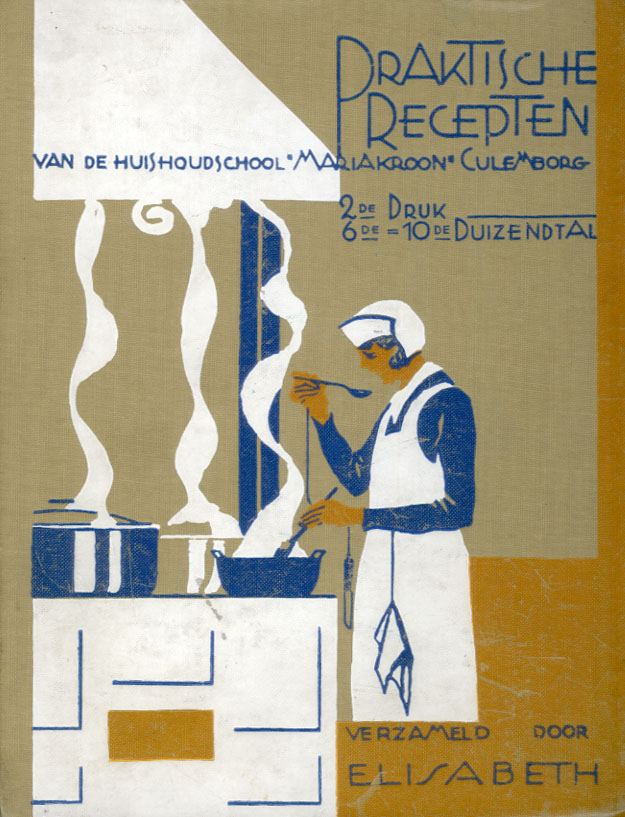 voorkant kookboek met afbeelding van vrouw met schort bij fornuis