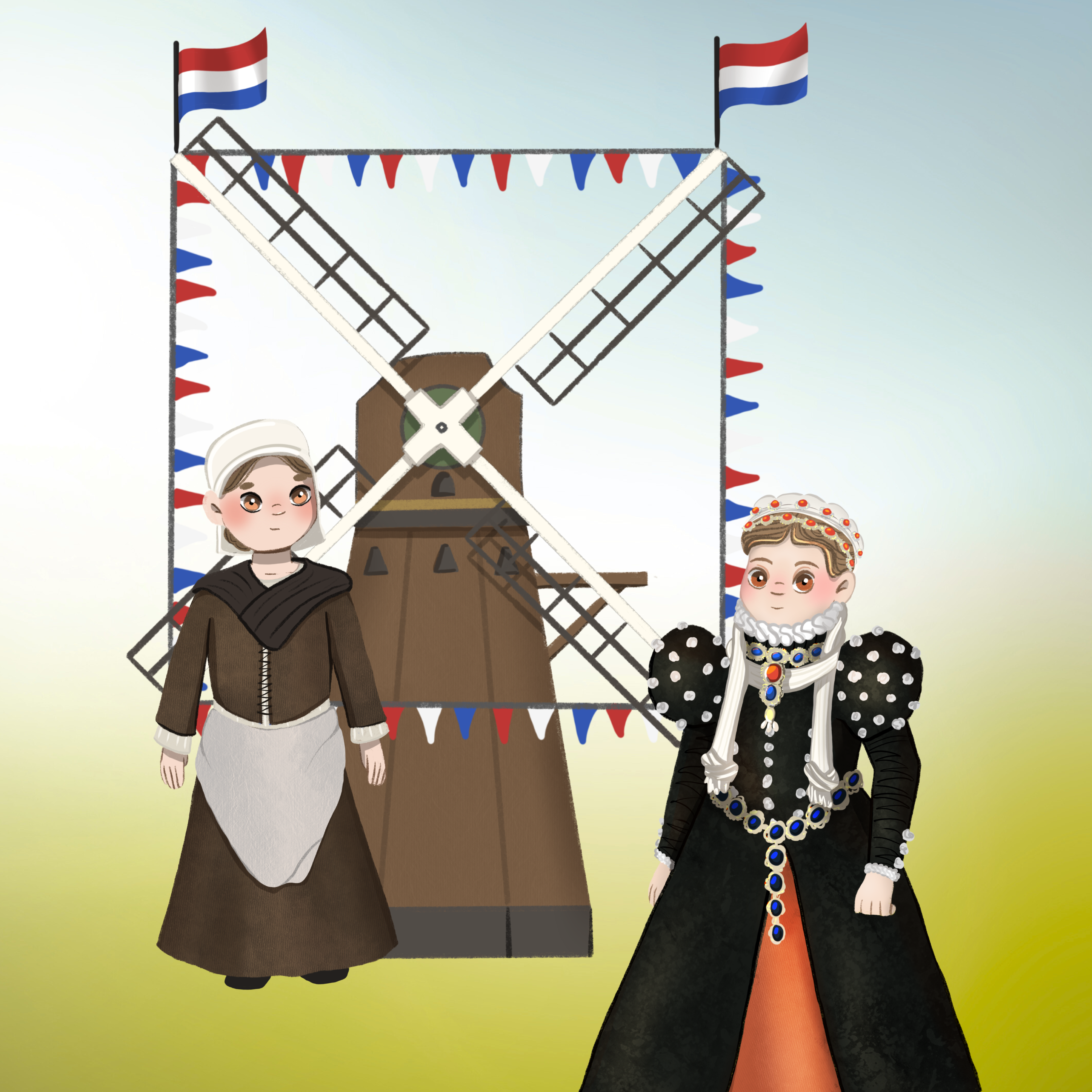 tekening van prinses anna en een meisje met schort voor een molen