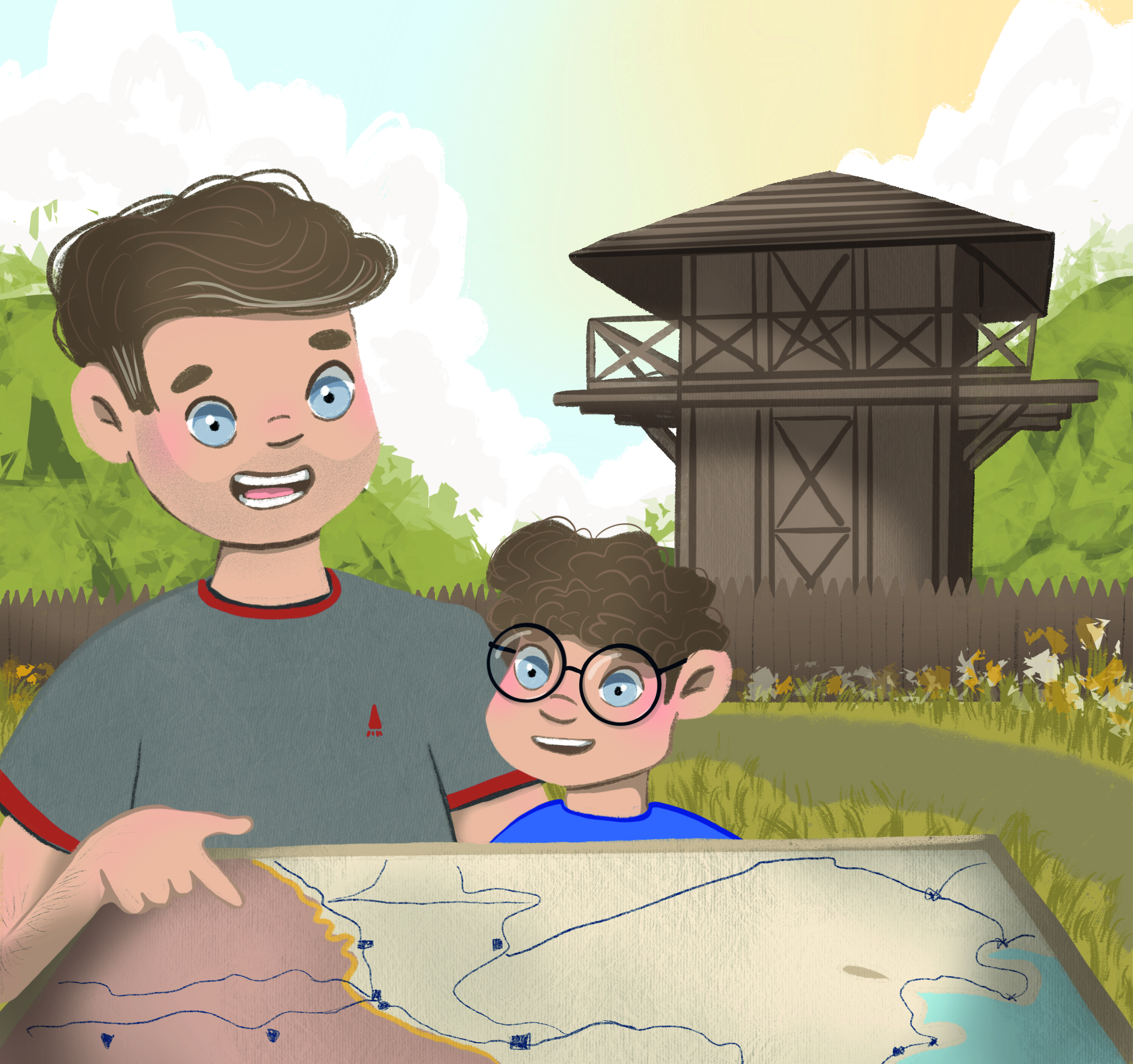 tekening van een vader en zoon voor een ouderwetse wachttoren