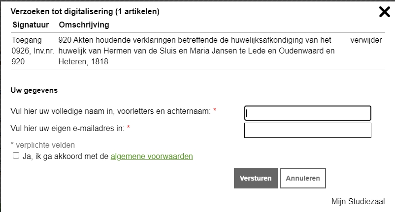 voorbeeld van het scherm met de velden voor naam en mailadres