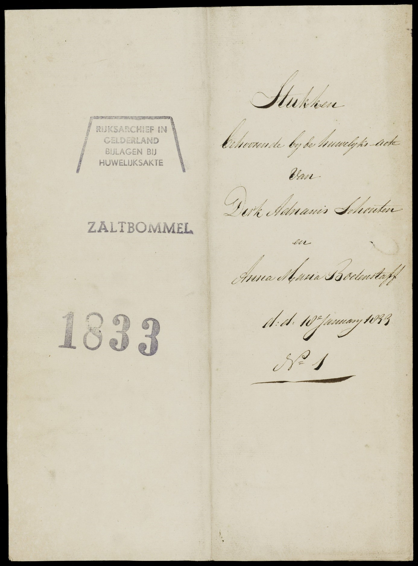 voorblad bij huwelijksbijlagen van een huwelijk in 1833